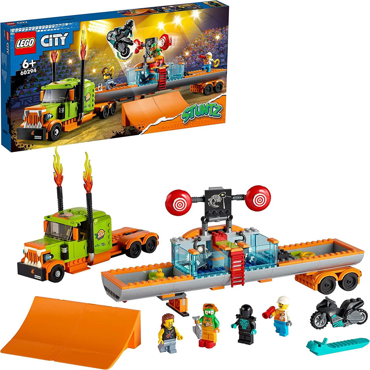 LEGO 60294 City Stuntz Stunt Show Truck  Flywheel-Powered Motorbike Toy Set with Dunk Tank, Racer and Clown Minifigures