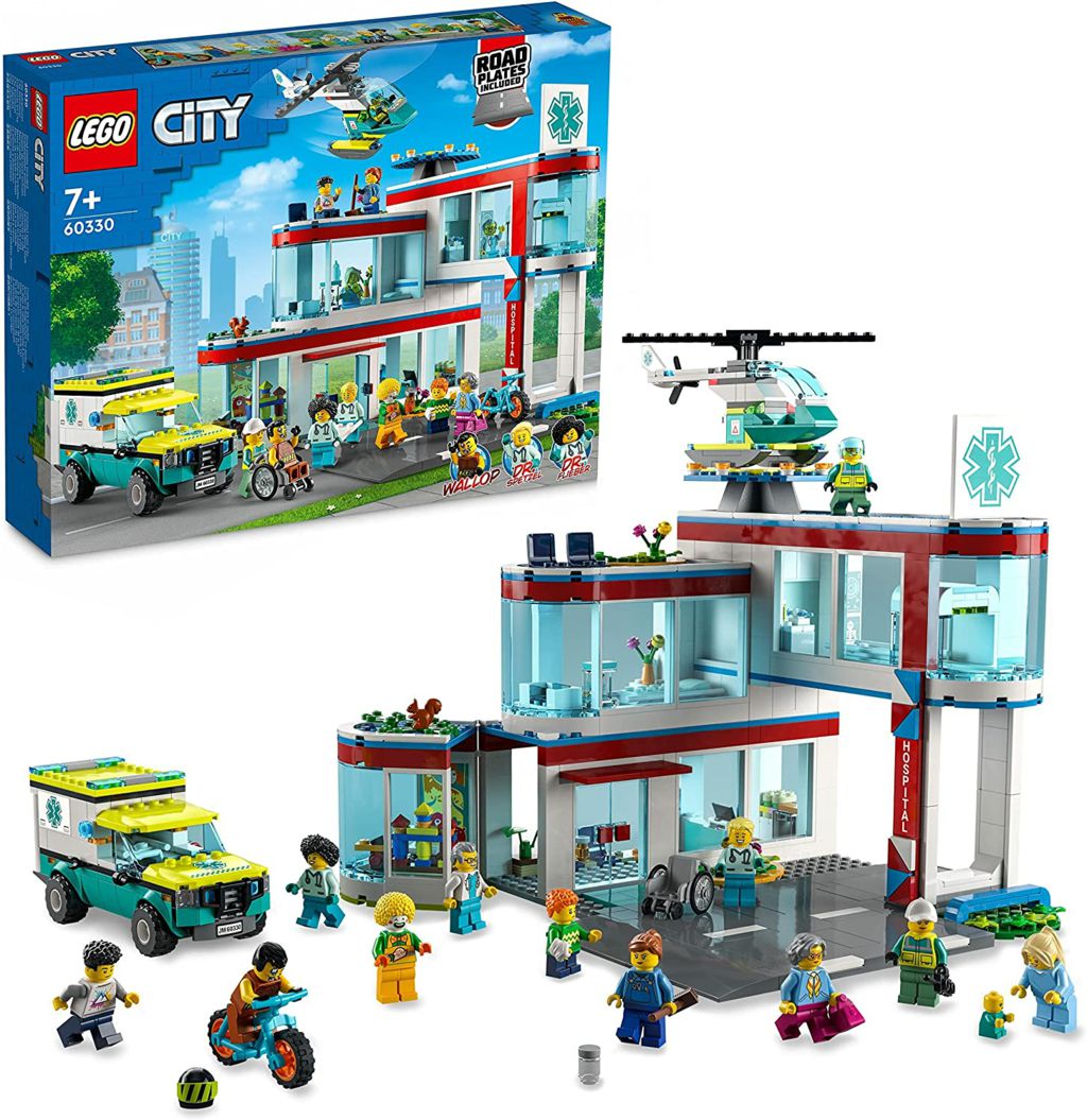 LEGO 60330 City Hospital Building Set with Ambulance Toy Truck, Rescue Helicopter, Road Plates and 12 Minifigures