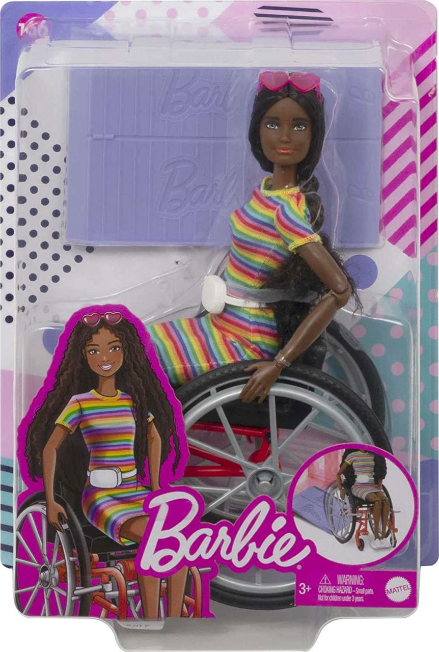 Barbie Fashionistas Doll with Wheelchair, Ramp, Crimped Brunette Hair Wearing Rainbow-Striped Dress, White Sneakers, Sunglasses and Fanny Pack