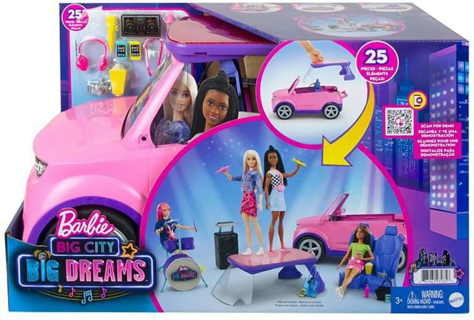 Barbie Big City, Big Dreams Transforming Vehicle Playset, Pink 2-Seater SUV Reveals Stage, Concert-Themed Accessories