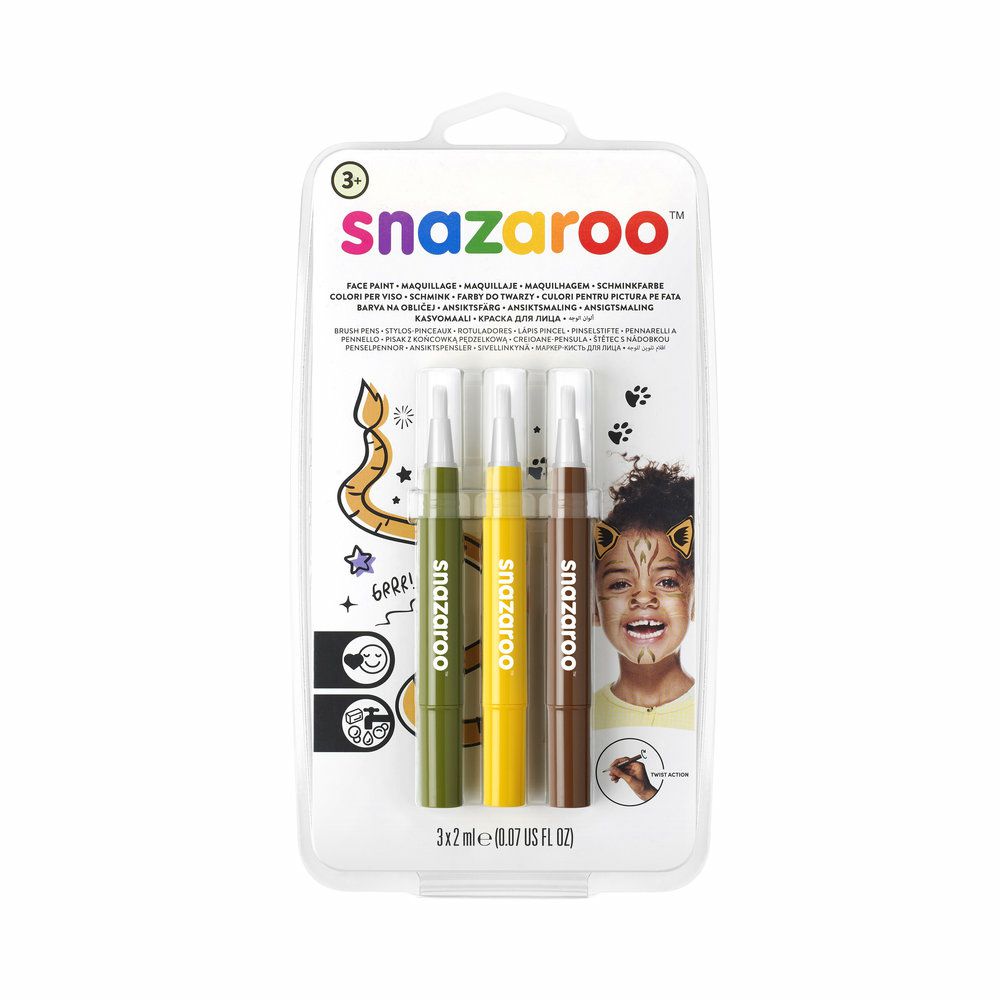 Snazaroo Face Paint Brush Pen Jungle Pack BROWN/YELLOW/GREEN