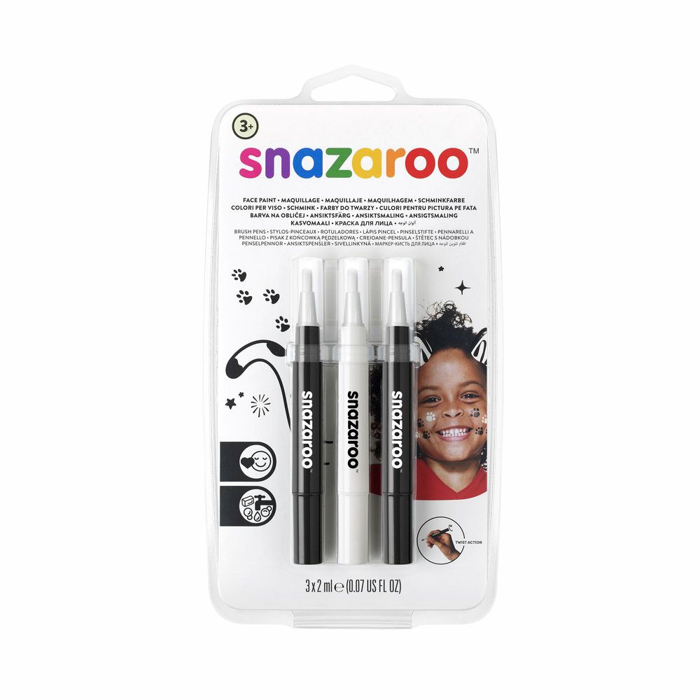 Snazaroo Face Paint Brush Pen Monochrome Pack BLACK/WHITE/BLACK